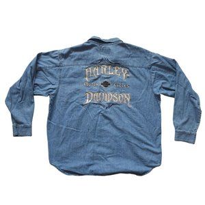 Vtg Harley Davidson Button Up Shirt Mens XXL Denim Long Sleeve Biker Motorcycle